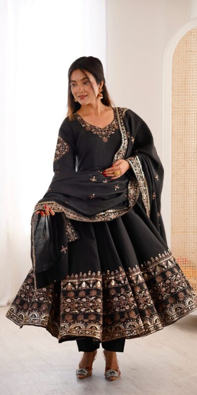 ZF 5016 Black Roman Silk Gown with Embroidery Work. Wedding, Party, Festive, Events, Navratri, Exclusive Offer ₹2499. Delivery 4-6 Working Days. Shop now. | Bollywood Gowns, Creative Gowns, Designer Gowns, Embroidered Gowns, Gowns, Party Wear Gowns