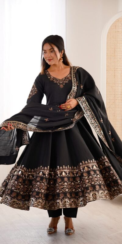 ZF 5016 Black Roman Silk Gown with Embroidery Work. Wedding, Party, Festive, Events, Navratri, Exclusive Offer ₹2499. Delivery 4-6 Working Days. Shop now. | Bollywood Gowns, Creative Gowns, Designer Gowns, Embroidered Gowns, Gowns, Party Wear Gowns