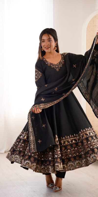 ZF 5016 Black Roman Silk Gown with Embroidery Work. Wedding, Party, Festive, Events, Navratri, Exclusive Offer ₹2499. Delivery 4-6 Working Days. Shop now. | Bollywood Gowns, Creative Gowns, Designer Gowns, Embroidered Gowns, Gowns, Party Wear Gowns