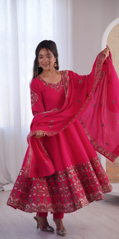 ZF 5016 Pink Roman Silk Gown with Embroidery Work. Wedding, Party, Festive, Events, Navratri, Exclusive Offer ₹2499. Delivery 4-6 Working Days. Shop now. | Bollywood Gowns, Creative Gowns, Designer Gowns, Embroidered Gowns, Gowns, Party Wear Gowns