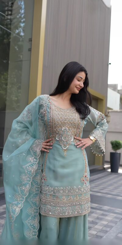 NSR 904 Dusty Blue Faux Georgette Salwar Suit with Mirror Work & Embroidery Work. Get it for ₹2399. Delivery 4-6 Working Days. Shop now. | Jump Suits, Straight Suits, Casual Suits, Creative suits, Designer Suits, Palazzo Suits, Party Wear Suits, Patiala Suits, Salwar suit