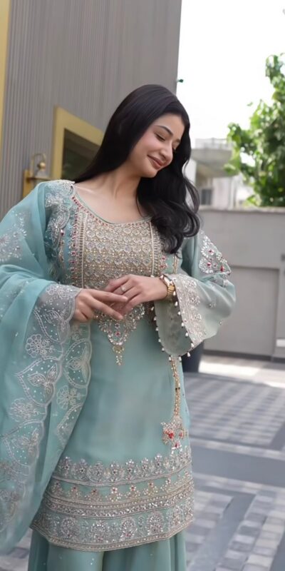 NSR 904 Dusty Blue Faux Georgette Salwar Suit with Mirror Work & Embroidery Work. Get it for ₹2399. Delivery 4-6 Working Days. Shop now. | Jump Suits, Straight Suits, Casual Suits, Creative suits, Designer Suits, Palazzo Suits, Party Wear Suits, Patiala Suits, Salwar suit