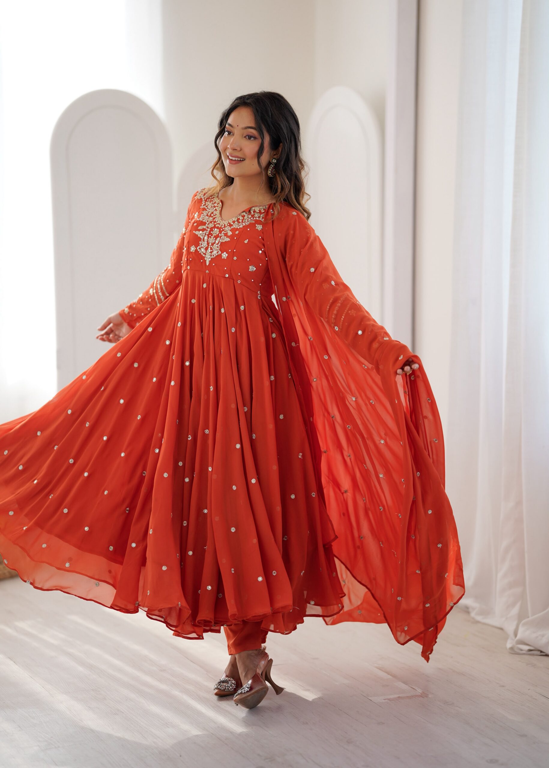 JF 056 Orange Faux Georgette Salwar Suit with Mirror Work & Embroidery Work. Get it for ₹2349. Delivery 4-6 Working Days. Shop now. | Jump Suits, Straight Suits, Casual Suits, Creative suits, Designer Suits, Palazzo Suits, Party Wear Suits, Patiala Suits, Salwar suit