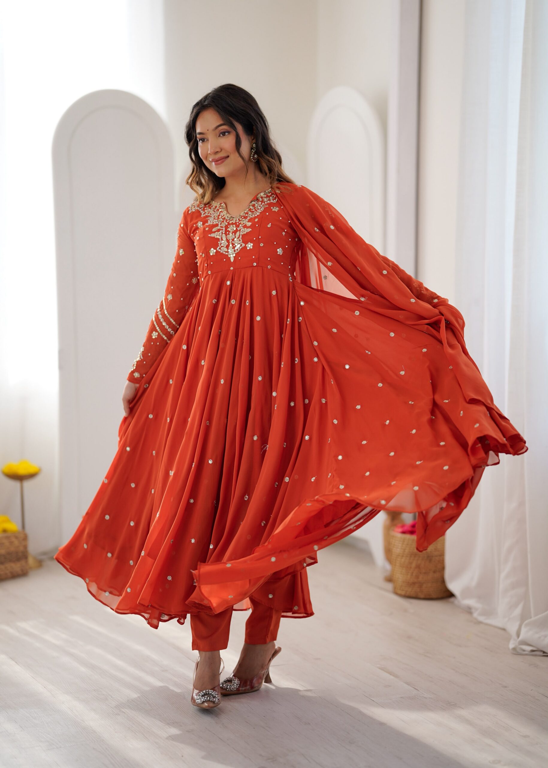JF 056 Orange Faux Georgette Salwar Suit with Mirror Work & Embroidery Work. Get it for ₹2349. Delivery 4-6 Working Days. Shop now. | Jump Suits, Straight Suits, Casual Suits, Creative suits, Designer Suits, Palazzo Suits, Party Wear Suits, Patiala Suits, Salwar suit