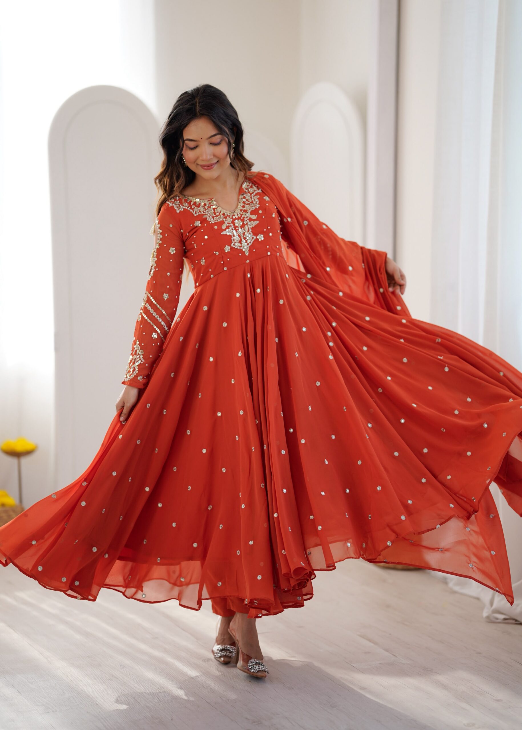 JF 056 Orange Faux Georgette Salwar Suit with Mirror Work & Embroidery Work. Get it for ₹2349. Delivery 4-6 Working Days. Shop now. | Jump Suits, Straight Suits, Casual Suits, Creative suits, Designer Suits, Palazzo Suits, Party Wear Suits, Patiala Suits, Salwar suit