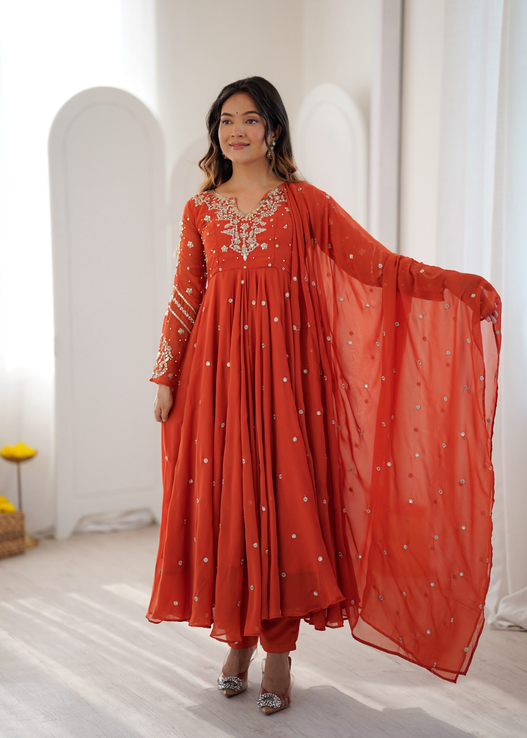 JF 056 Orange Faux Georgette Salwar Suit with Mirror Work & Embroidery Work. Get it for ₹2349. Delivery 4-6 Working Days. Shop now. | Jump Suits, Straight Suits, Casual Suits, Creative suits, Designer Suits, Palazzo Suits, Party Wear Suits, Patiala Suits, Salwar suit