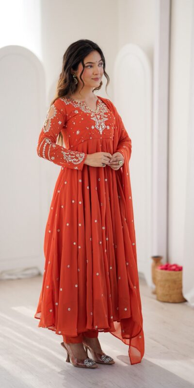 JF 056 Orange Faux Georgette Salwar Suit with Mirror Work & Embroidery Work. Get it for ₹2349. Delivery 4-6 Working Days. Shop now. | Jump Suits, Straight Suits, Casual Suits, Creative suits, Designer Suits, Palazzo Suits, Party Wear Suits, Patiala Suits, Salwar suit