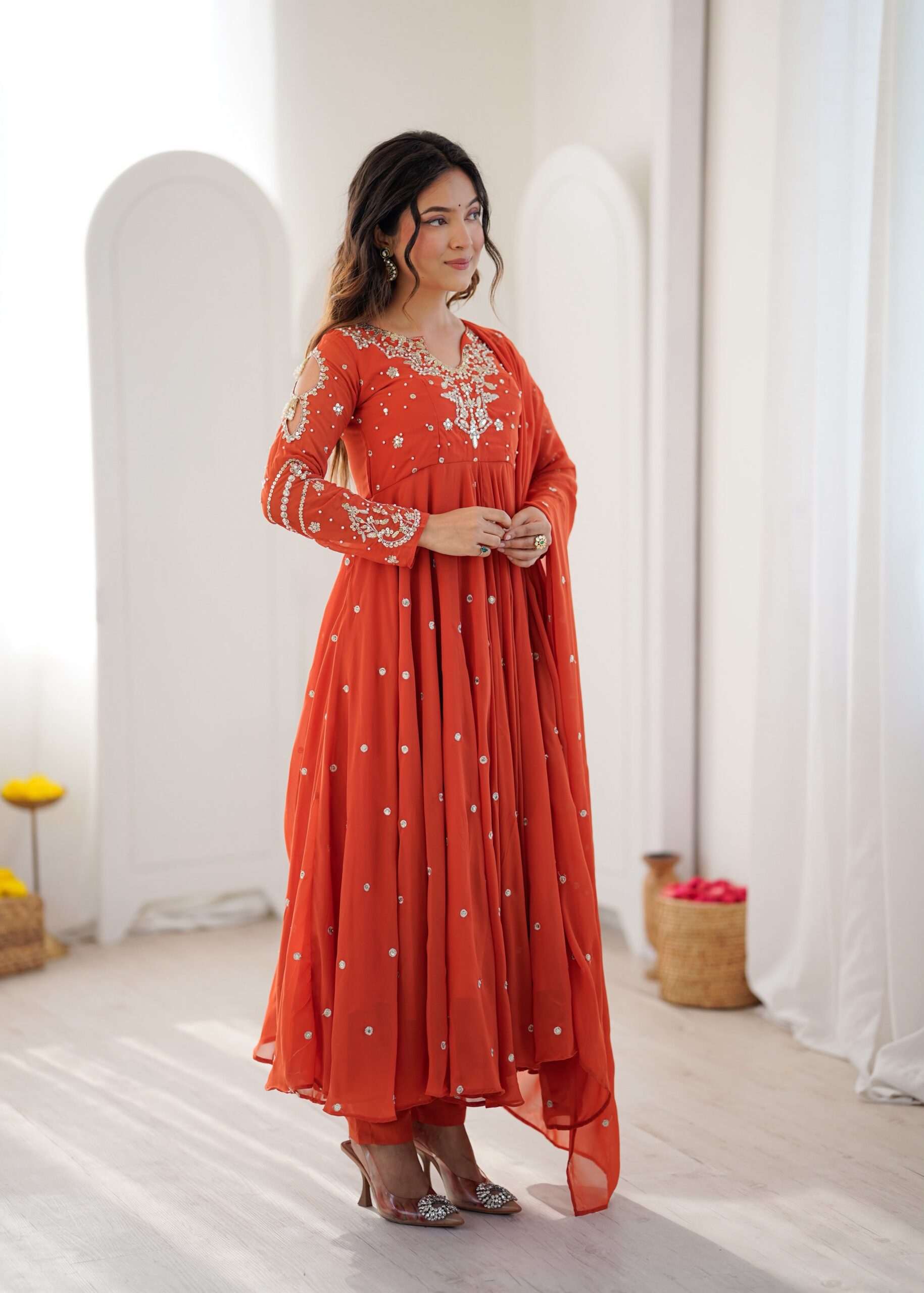 JF 056 Orange Faux Georgette Salwar Suit with Mirror Work & Embroidery Work. Get it for ₹2349. Delivery 4-6 Working Days. Shop now. | Jump Suits, Straight Suits, Casual Suits, Creative suits, Designer Suits, Palazzo Suits, Party Wear Suits, Patiala Suits, Salwar suit