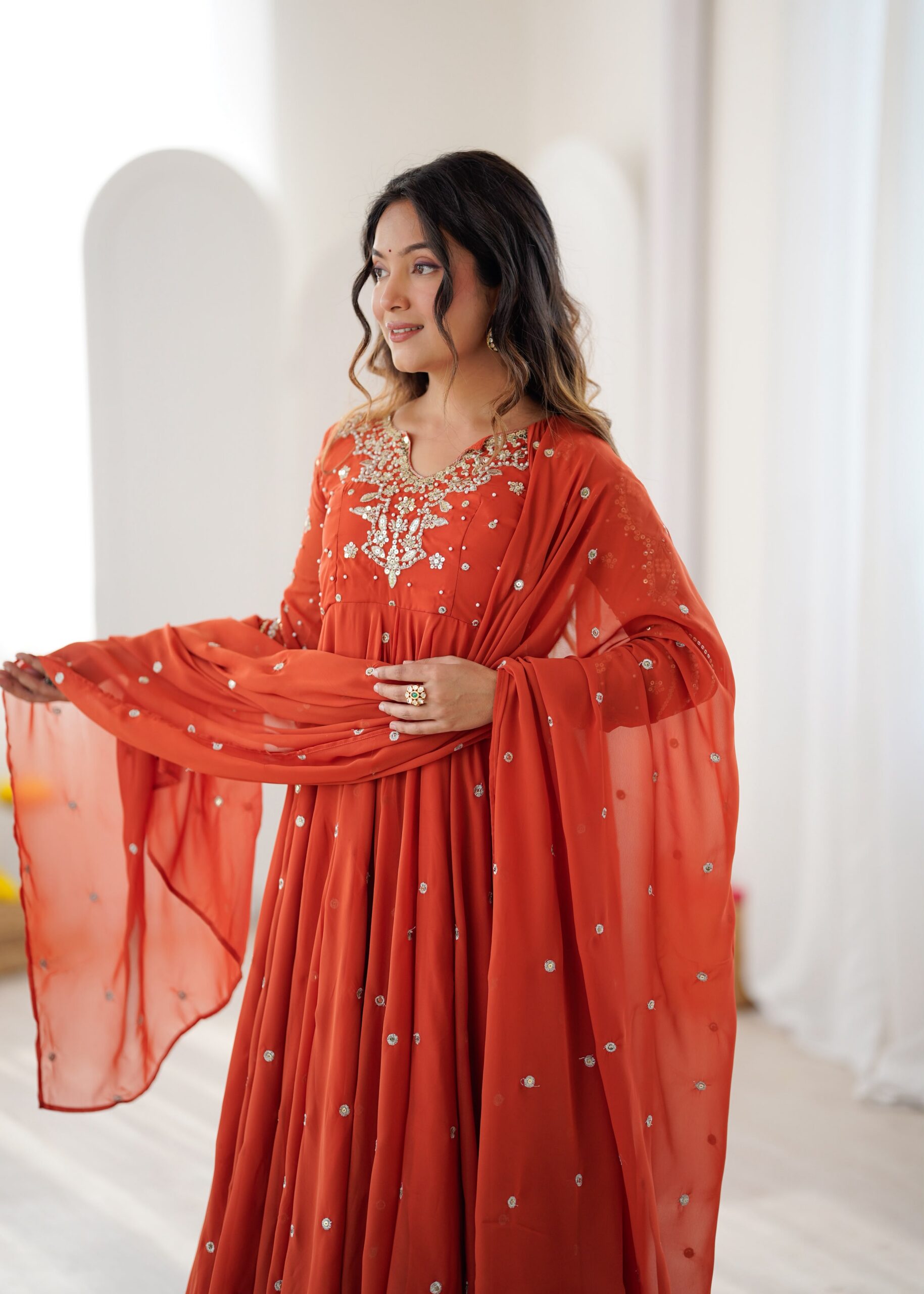 JF 056 Orange Faux Georgette Salwar Suit with Mirror Work & Embroidery Work. Get it for ₹2349. Delivery 4-6 Working Days. Shop now. | Jump Suits, Straight Suits, Casual Suits, Creative suits, Designer Suits, Palazzo Suits, Party Wear Suits, Patiala Suits, Salwar suit