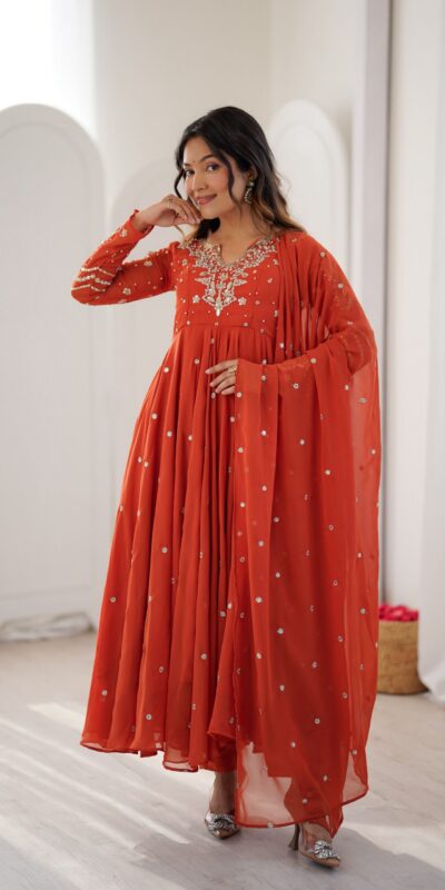 JF 056 Orange Faux Georgette Salwar Suit with Mirror Work & Embroidery Work. Get it for ₹2349. Delivery 4-6 Working Days. Shop now. | Jump Suits, Straight Suits, Casual Suits, Creative suits, Designer Suits, Palazzo Suits, Party Wear Suits, Patiala Suits, Salwar suit