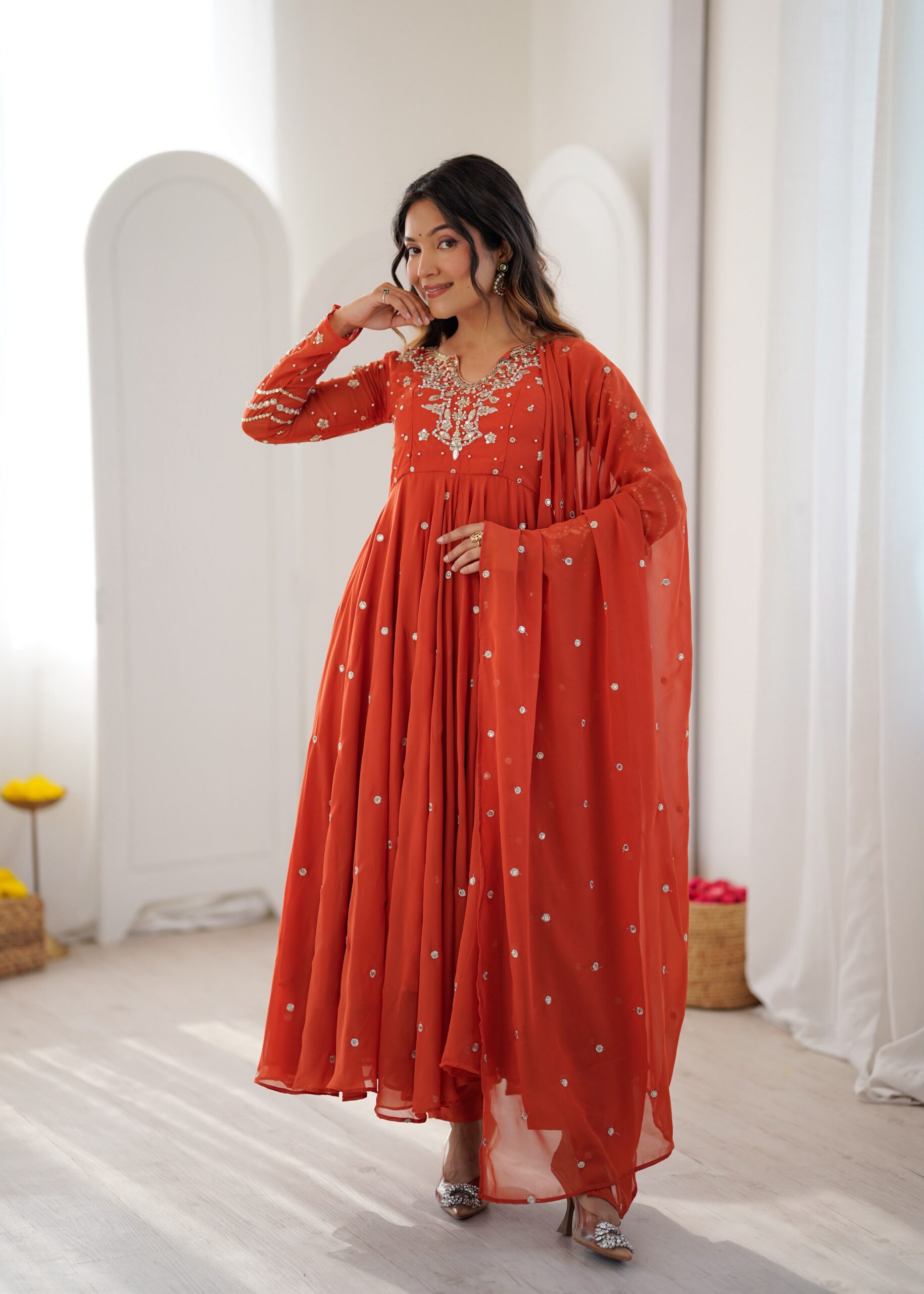 JF 056 Orange Faux Georgette Salwar Suit with Mirror Work & Embroidery Work. Get it for ₹2349. Delivery 4-6 Working Days. Shop now. | Jump Suits, Straight Suits, Casual Suits, Creative suits, Designer Suits, Palazzo Suits, Party Wear Suits, Patiala Suits, Salwar suit