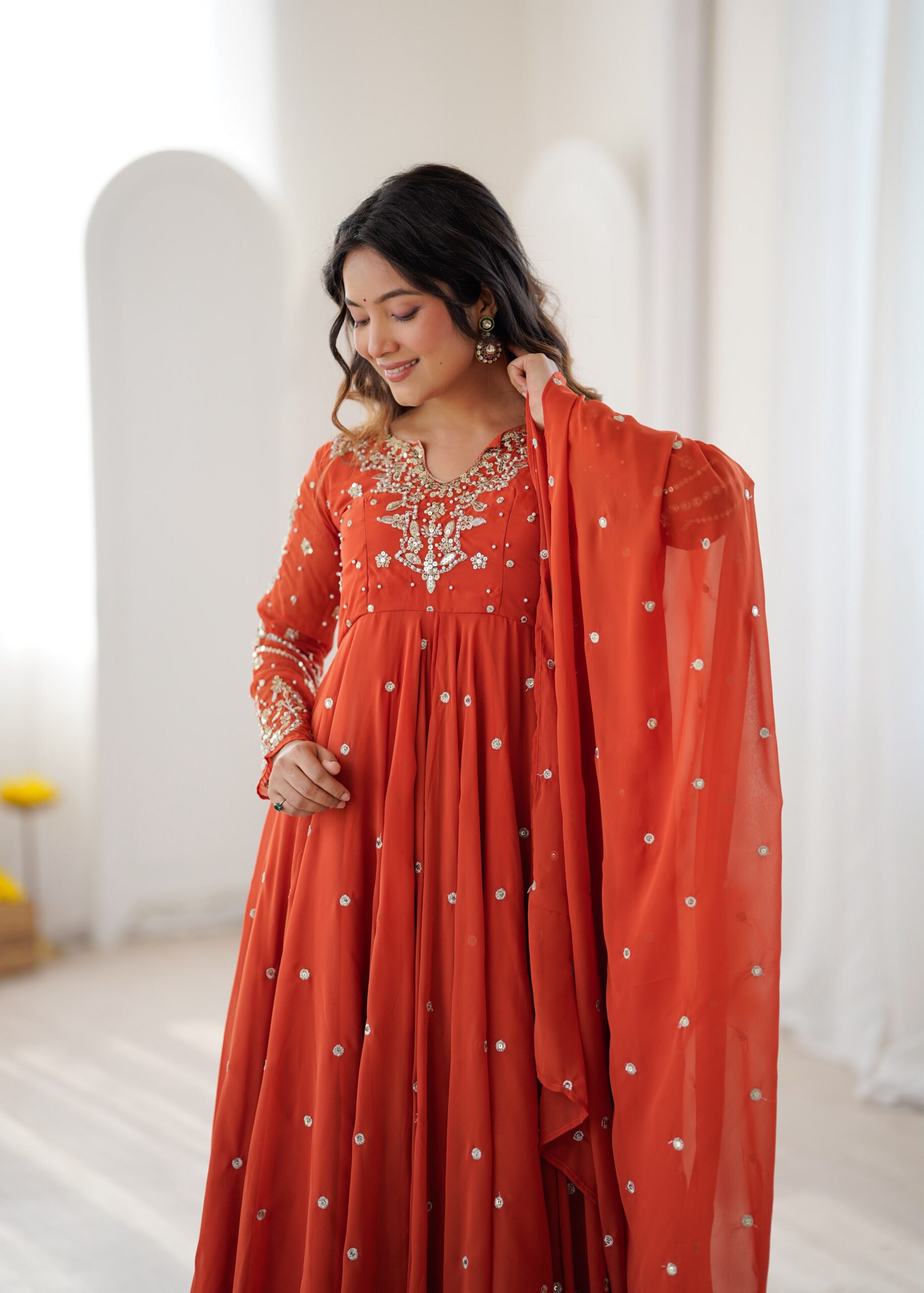 JF 056 Orange Faux Georgette Salwar Suit with Mirror Work & Embroidery Work. Get it for ₹2349. Delivery 4-6 Working Days. Shop now. | Jump Suits, Straight Suits, Casual Suits, Creative suits, Designer Suits, Palazzo Suits, Party Wear Suits, Patiala Suits, Salwar suit