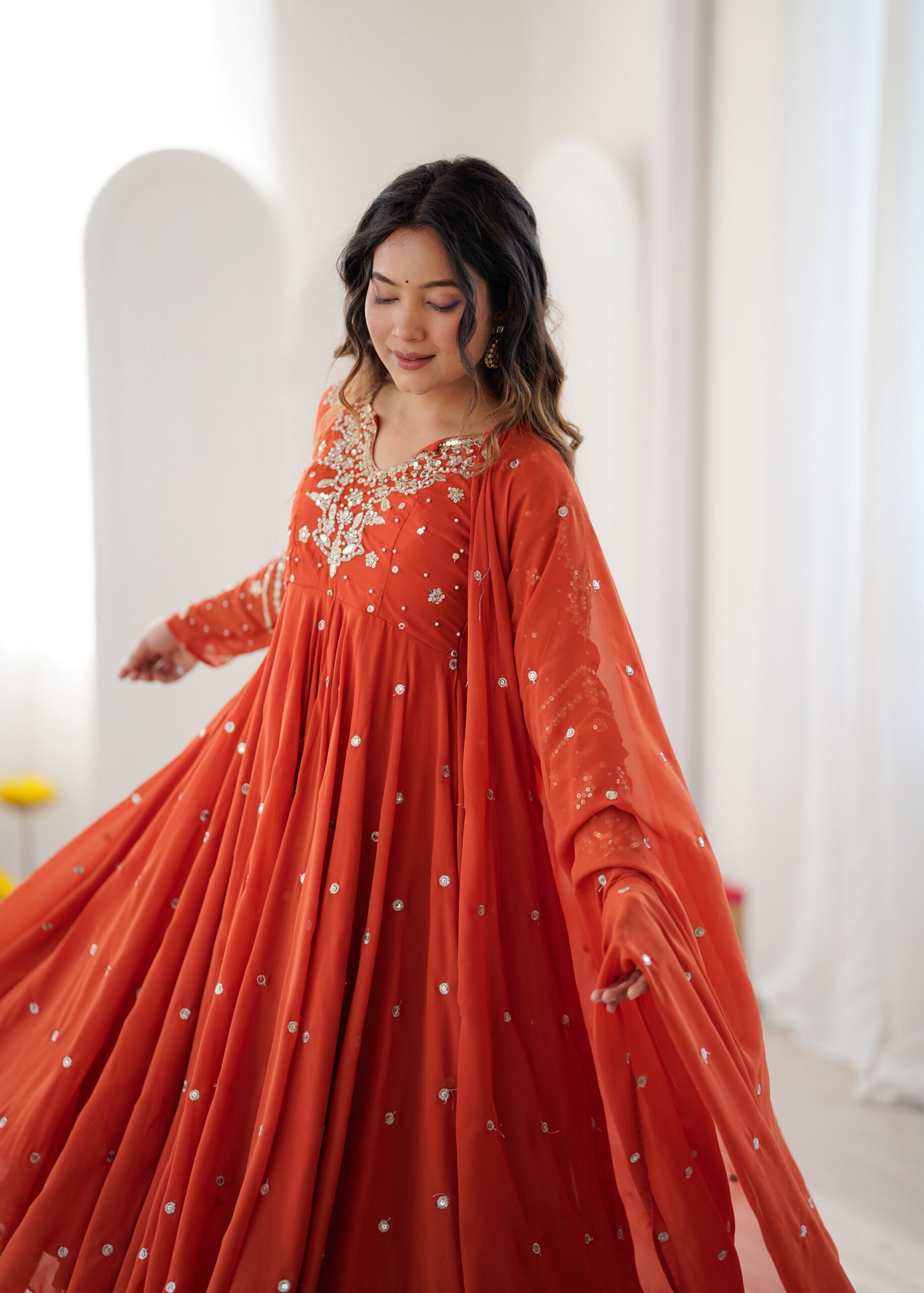 JF 056 Orange Faux Georgette Salwar Suit with Mirror Work & Embroidery Work. Get it for ₹2349. Delivery 4-6 Working Days. Shop now. | Jump Suits, Straight Suits, Casual Suits, Creative suits, Designer Suits, Palazzo Suits, Party Wear Suits, Patiala Suits, Salwar suit