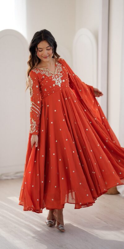 JF 056 Orange Faux Georgette Salwar Suit with Mirror Work & Embroidery Work. Get it for ₹2349. Delivery 4-6 Working Days. Shop now. | Jump Suits, Straight Suits, Casual Suits, Creative suits, Designer Suits, Palazzo Suits, Party Wear Suits, Patiala Suits, Salwar suit