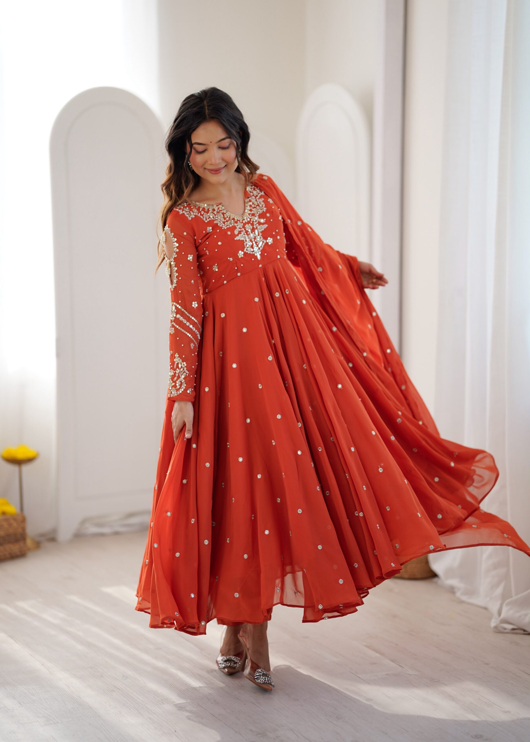 JF 056 Orange Faux Georgette Salwar Suit with Mirror Work & Embroidery Work. Get it for ₹2349. Delivery 4-6 Working Days. Shop now. | Jump Suits, Straight Suits, Casual Suits, Creative suits, Designer Suits, Palazzo Suits, Party Wear Suits, Patiala Suits, Salwar suit
