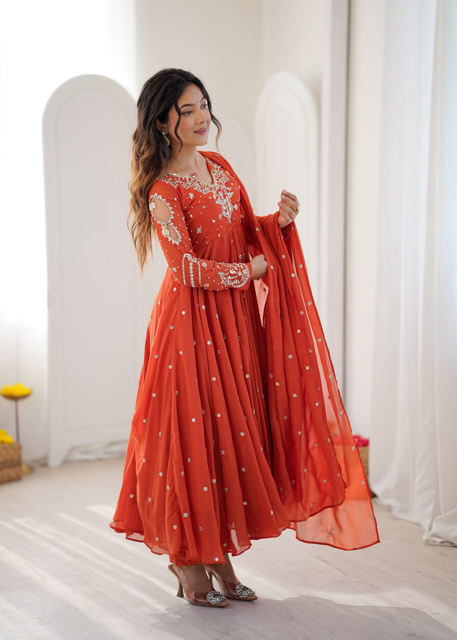 JF 056 Orange Faux Georgette Salwar Suit with Mirror Work & Embroidery Work. Get it for ₹2349. Delivery 4-6 Working Days. Shop now. | Jump Suits, Straight Suits, Casual Suits, Creative suits, Designer Suits, Palazzo Suits, Party Wear Suits, Patiala Suits, Salwar suit
