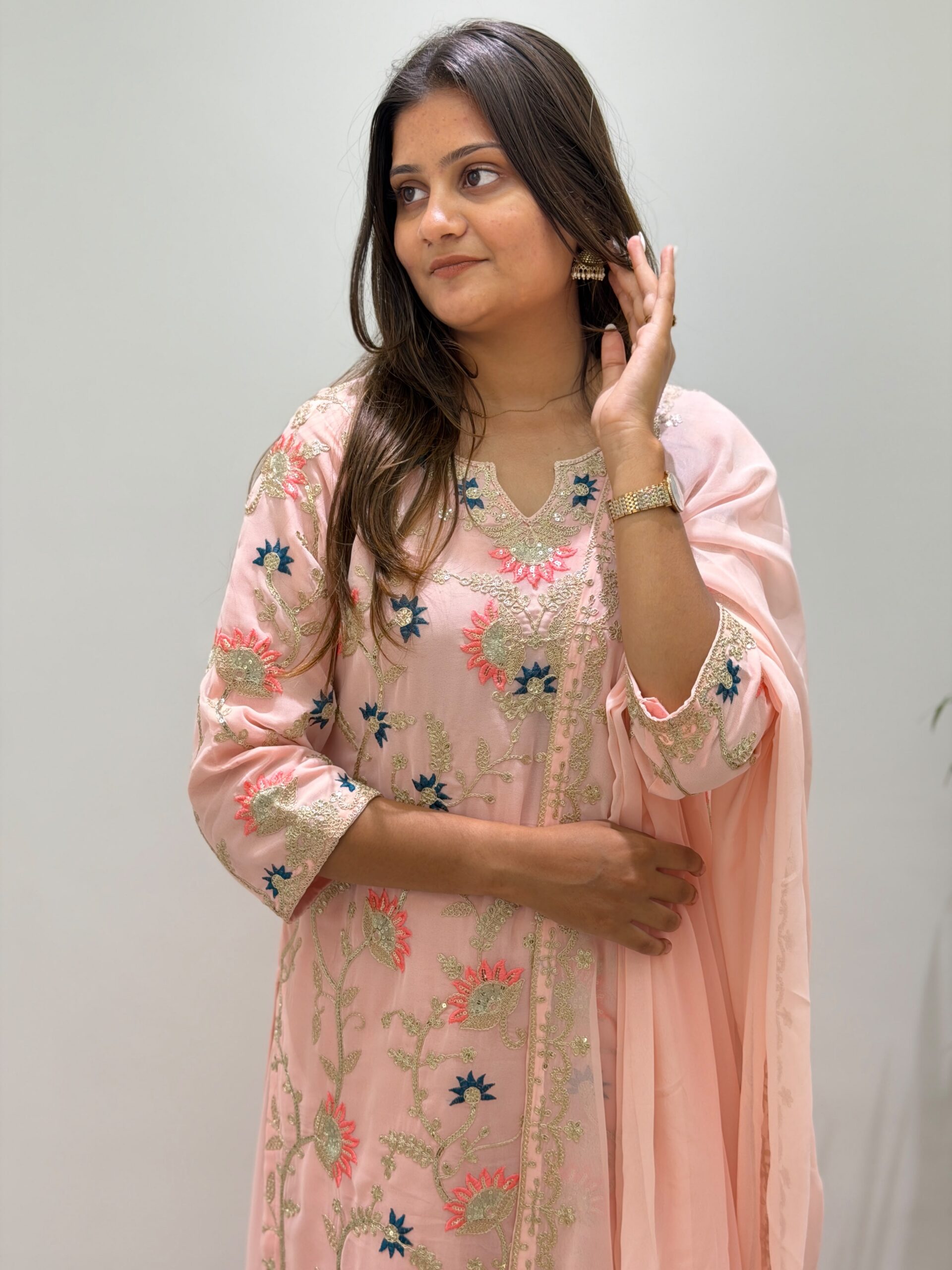 BE 486 Peach Faux Georgette Salwar Suit with Mirror Work & Embroidery Work. Get it for ₹2449. Delivery 4-6 Working Days. Shop now. | Jump Suits, Straight Suits, Casual Suits, Creative suits, Designer Suits, Palazzo Suits, Party Wear Suits, Patiala Suits, Salwar suit