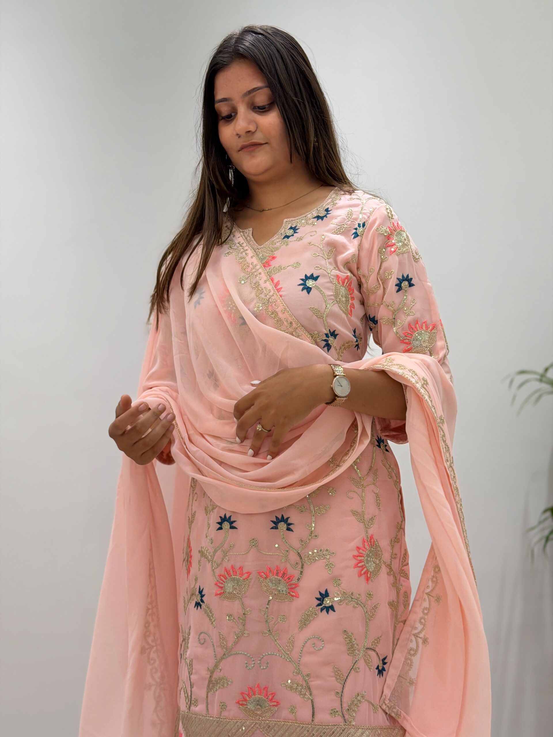 BE 486 Peach Faux Georgette Salwar Suit with Mirror Work & Embroidery Work. Get it for ₹2449. Delivery 4-6 Working Days. Shop now. | Jump Suits, Straight Suits, Casual Suits, Creative suits, Designer Suits, Palazzo Suits, Party Wear Suits, Patiala Suits, Salwar suit