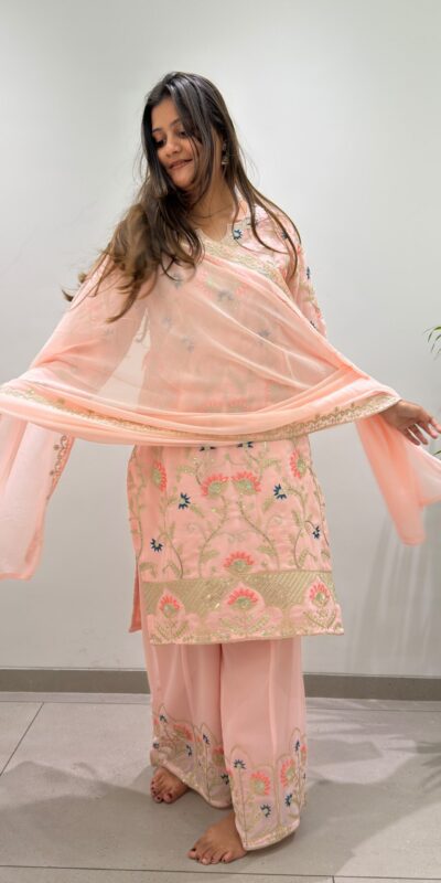 BE 486 Peach Faux Georgette Salwar Suit with Mirror Work & Embroidery Work. Get it for ₹2449. Delivery 4-6 Working Days. Shop now. | Jump Suits, Straight Suits, Casual Suits, Creative suits, Designer Suits, Palazzo Suits, Party Wear Suits, Patiala Suits, Salwar suit