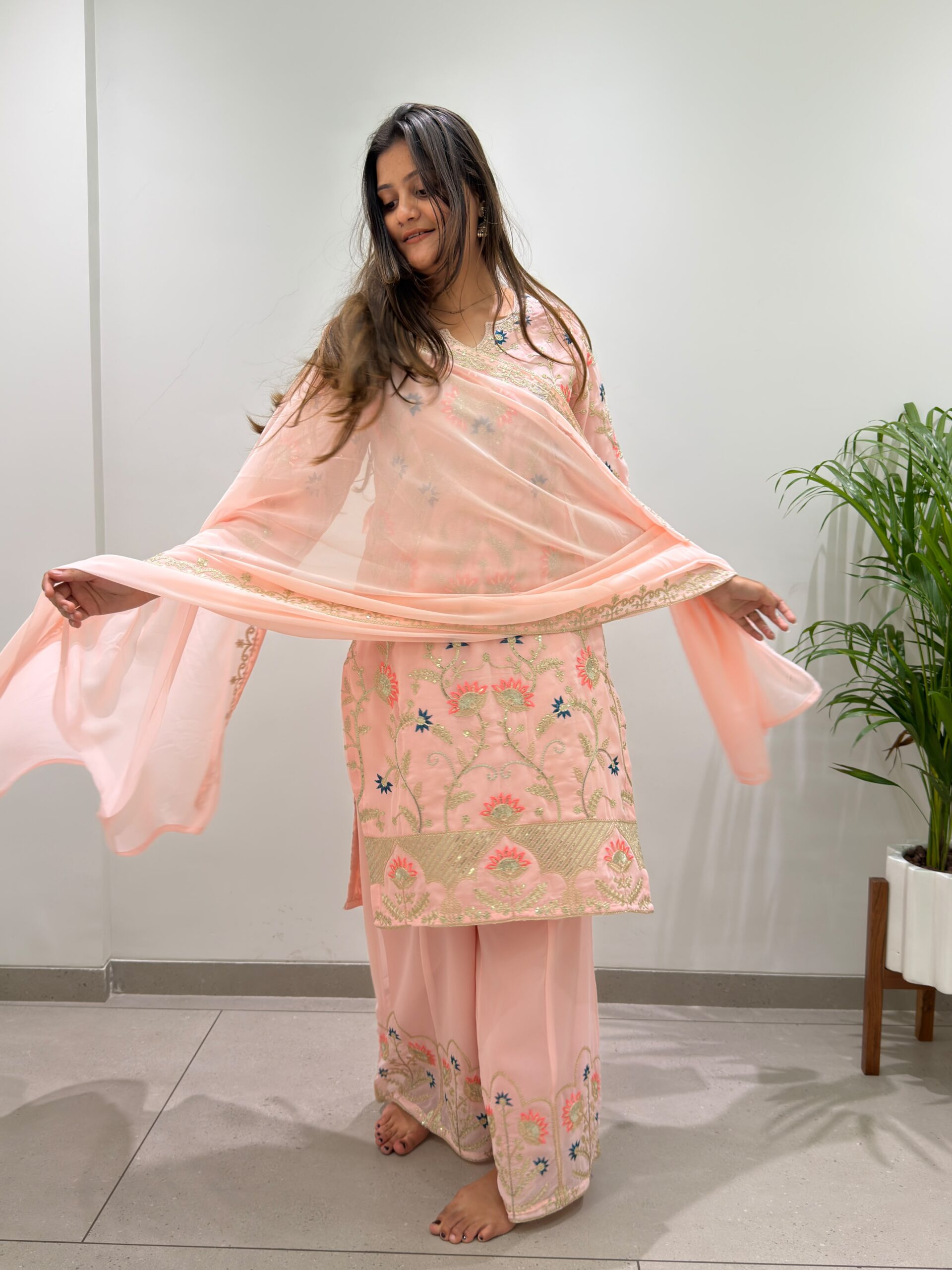 BE 486 Peach Faux Georgette Salwar Suit with Mirror Work & Embroidery Work. Get it for ₹2449. Delivery 4-6 Working Days. Shop now. | Jump Suits, Straight Suits, Casual Suits, Creative suits, Designer Suits, Palazzo Suits, Party Wear Suits, Patiala Suits, Salwar suit