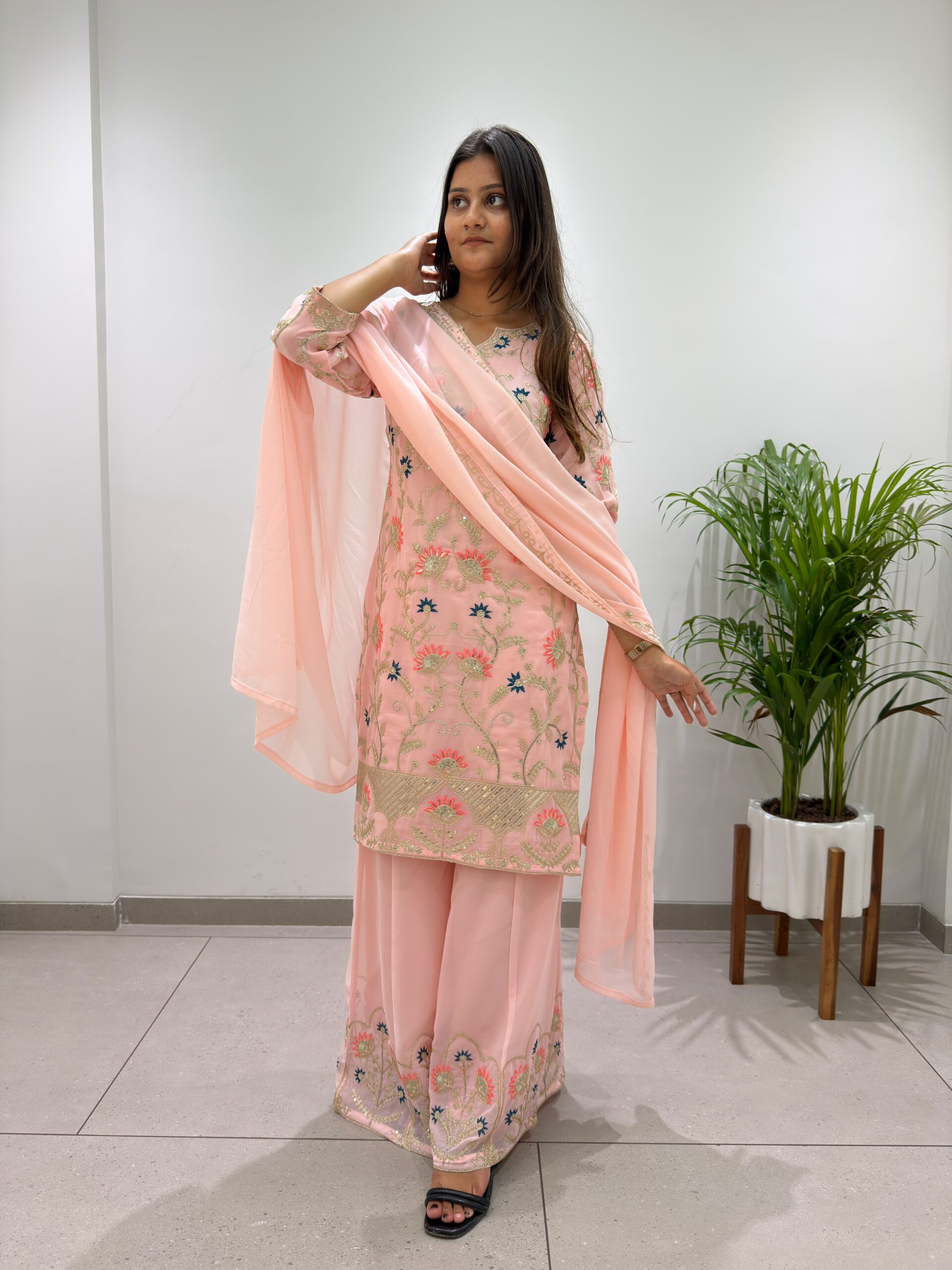 BE 486 Peach Faux Georgette Salwar Suit with Mirror Work & Embroidery Work. Get it for ₹2449. Delivery 4-6 Working Days. Shop now. | Jump Suits, Straight Suits, Casual Suits, Creative suits, Designer Suits, Palazzo Suits, Party Wear Suits, Patiala Suits, Salwar suit