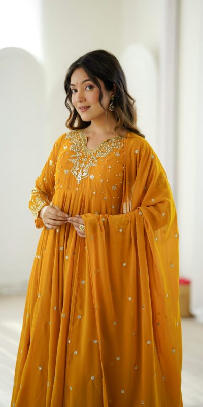JF 056 Yellow Faux Georgette Salwar Suit with Mirror Work & Embroidery Work. Get it for ₹2349. Delivery 4-6 Working Days. Shop now. | Jump Suits, Straight Suits, Casual Suits, Creative suits, Designer Suits, Palazzo Suits, Party Wear Suits, Patiala Suits, Salwar suit