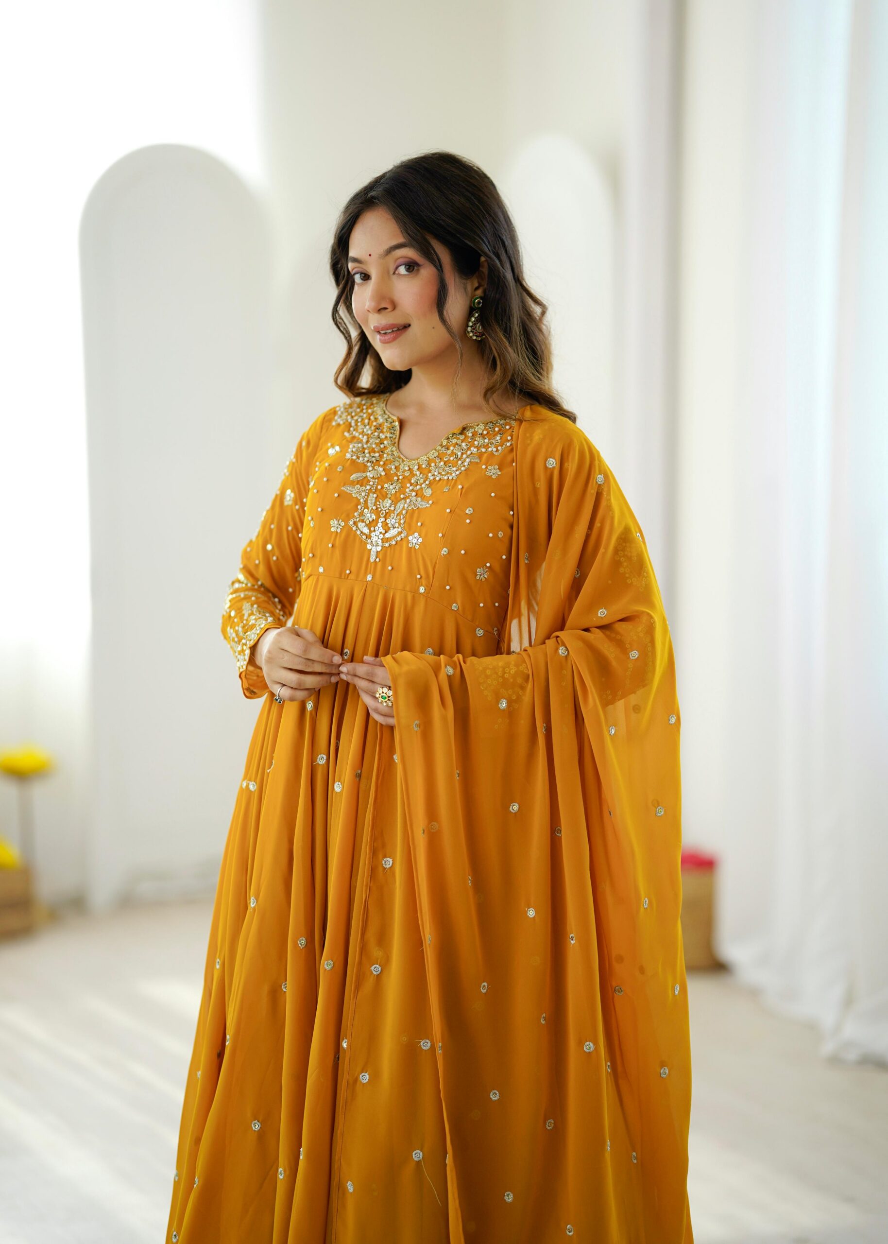 JF 056 Yellow Faux Georgette Salwar Suit with Mirror Work & Embroidery Work. Get it for ₹2349. Delivery 4-6 Working Days. Shop now. | Jump Suits, Straight Suits, Casual Suits, Creative suits, Designer Suits, Palazzo Suits, Party Wear Suits, Patiala Suits, Salwar suit