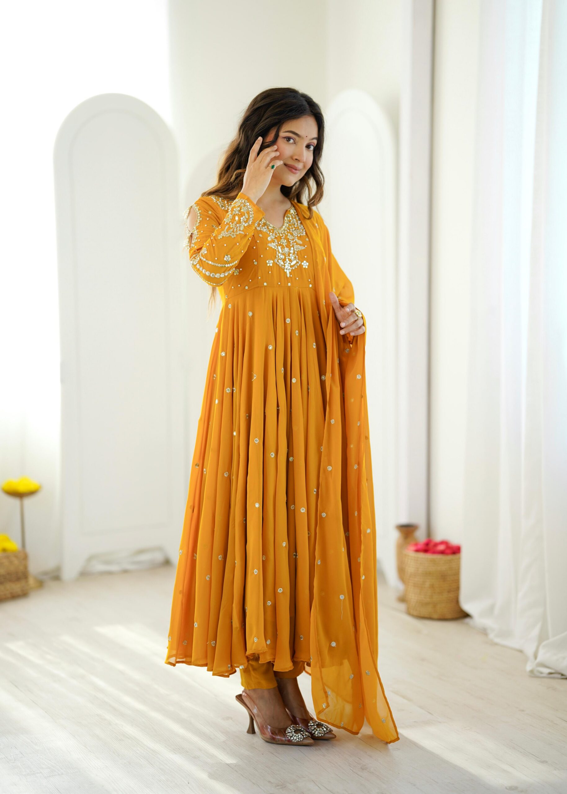 JF 056 Yellow Faux Georgette Salwar Suit with Mirror Work & Embroidery Work. Get it for ₹2349. Delivery 4-6 Working Days. Shop now. | Jump Suits, Straight Suits, Casual Suits, Creative suits, Designer Suits, Palazzo Suits, Party Wear Suits, Patiala Suits, Salwar suit