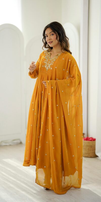 JF 056 Yellow Faux Georgette Salwar Suit with Mirror Work & Embroidery Work. Get it for ₹2349. Delivery 4-6 Working Days. Shop now. | Jump Suits, Straight Suits, Casual Suits, Creative suits, Designer Suits, Palazzo Suits, Party Wear Suits, Patiala Suits, Salwar suit