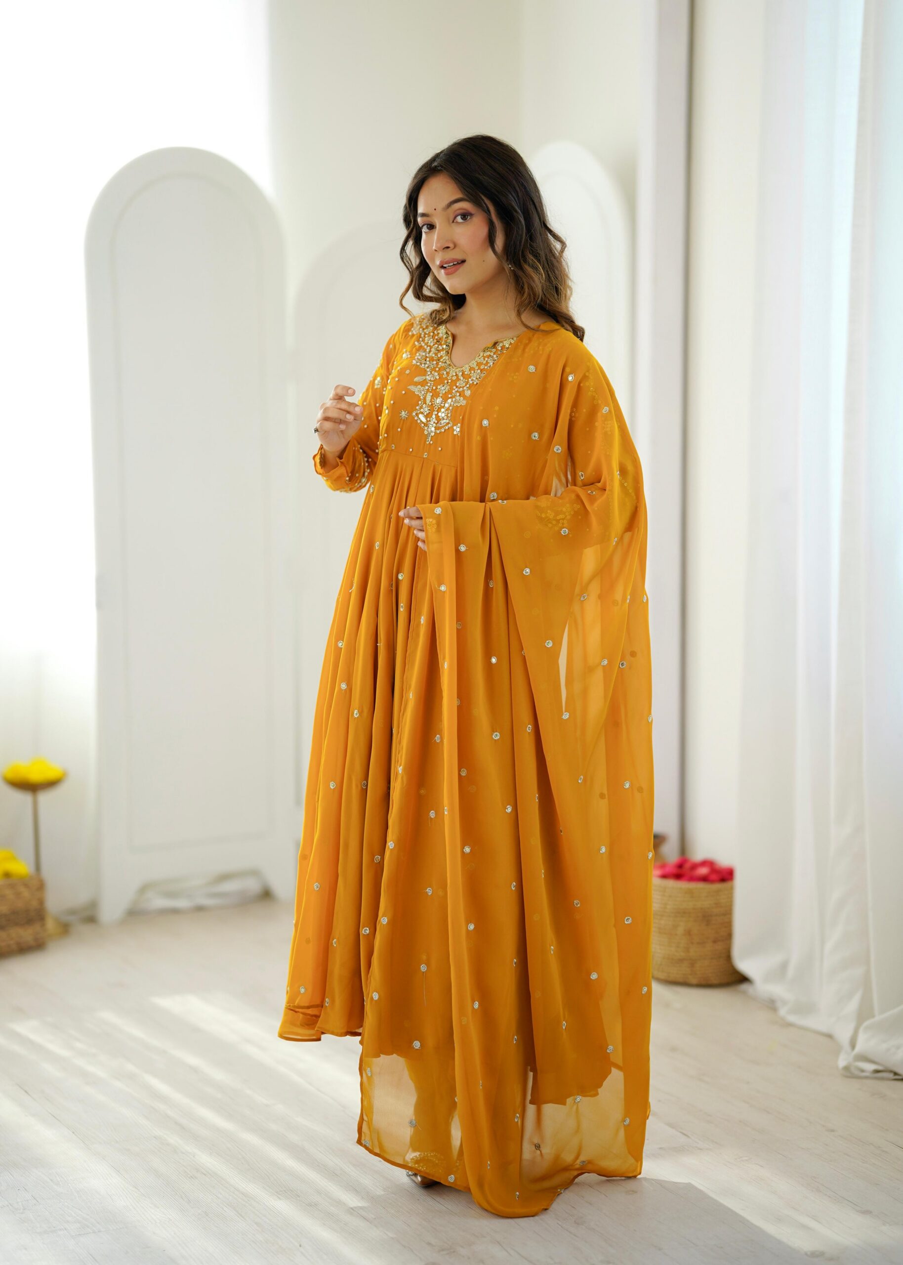 JF 056 Yellow Faux Georgette Salwar Suit with Mirror Work & Embroidery Work. Get it for ₹2349. Delivery 4-6 Working Days. Shop now. | Jump Suits, Straight Suits, Casual Suits, Creative suits, Designer Suits, Palazzo Suits, Party Wear Suits, Patiala Suits, Salwar suit