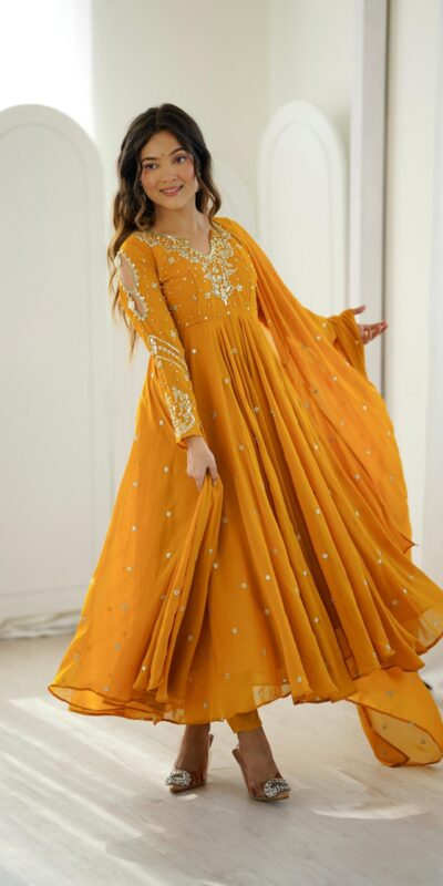 JF 056 Yellow Faux Georgette Salwar Suit with Mirror Work & Embroidery Work. Get it for ₹2349. Delivery 4-6 Working Days. Shop now. | Jump Suits, Straight Suits, Casual Suits, Creative suits, Designer Suits, Palazzo Suits, Party Wear Suits, Patiala Suits, Salwar suit