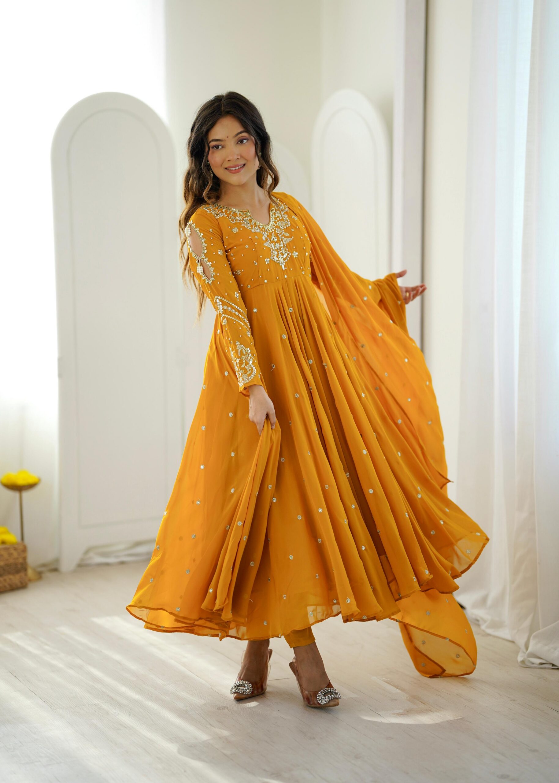 JF 056 Yellow Faux Georgette Salwar Suit with Mirror Work & Embroidery Work. Get it for ₹2349. Delivery 4-6 Working Days. Shop now. | Jump Suits, Straight Suits, Casual Suits, Creative suits, Designer Suits, Palazzo Suits, Party Wear Suits, Patiala Suits, Salwar suit