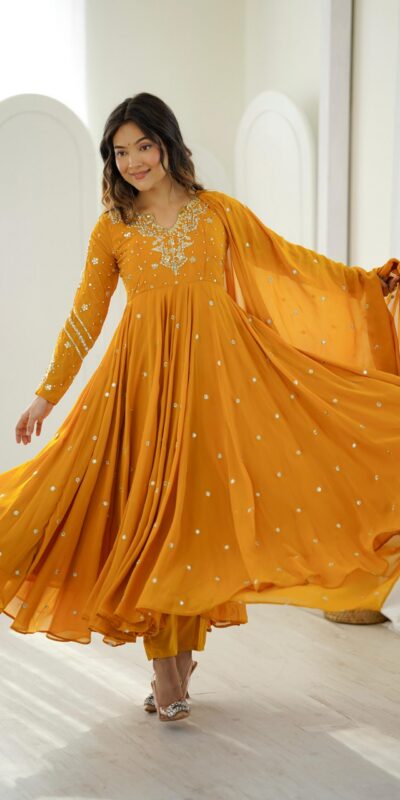 JF 056 Yellow Faux Georgette Salwar Suit with Mirror Work & Embroidery Work. Get it for ₹2349. Delivery 4-6 Working Days. Shop now. | Jump Suits, Straight Suits, Casual Suits, Creative suits, Designer Suits, Palazzo Suits, Party Wear Suits, Patiala Suits, Salwar suit