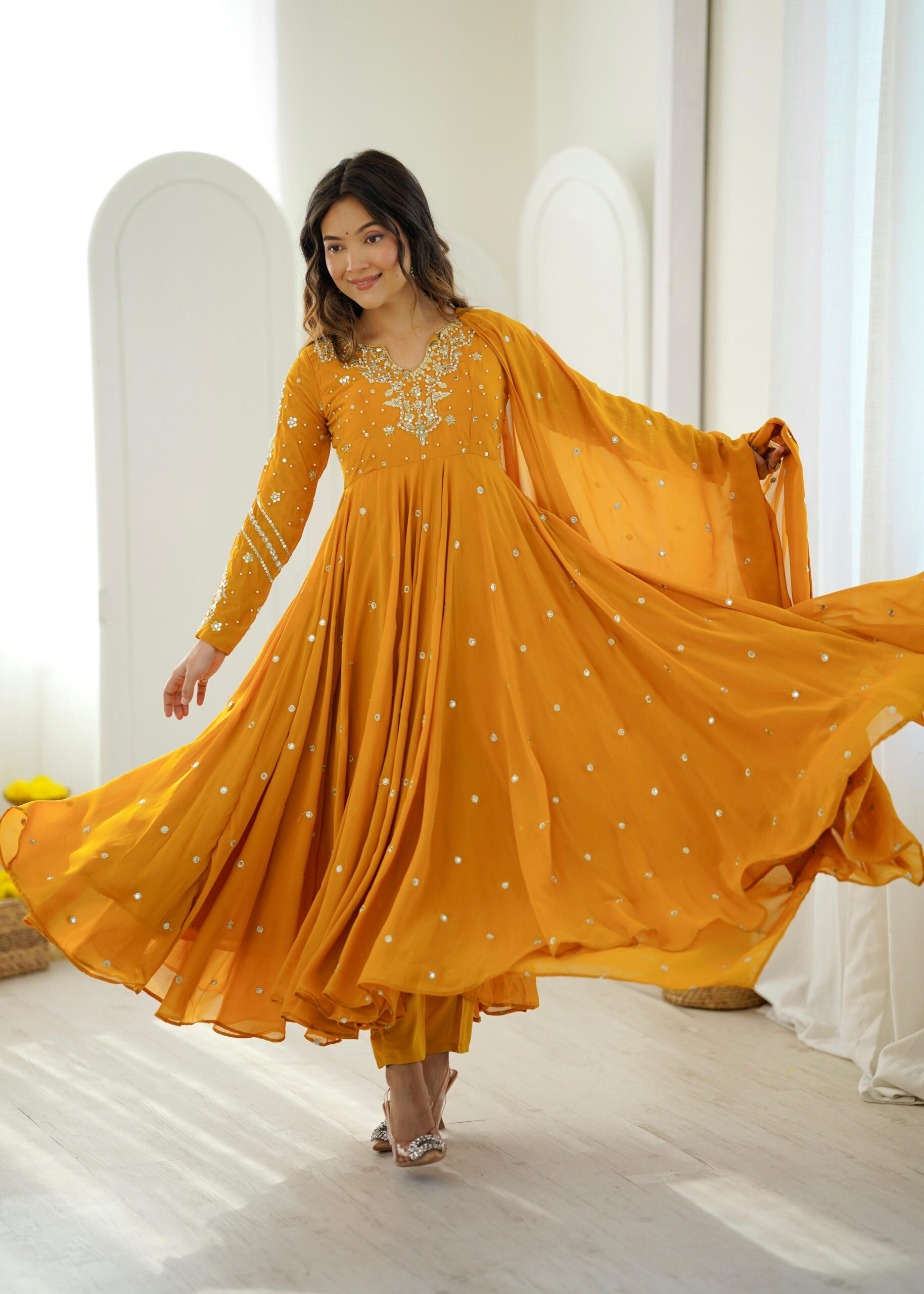 JF 056 Yellow Faux Georgette Salwar Suit with Mirror Work & Embroidery Work. Get it for ₹2349. Delivery 4-6 Working Days. Shop now. | Jump Suits, Straight Suits, Casual Suits, Creative suits, Designer Suits, Palazzo Suits, Party Wear Suits, Patiala Suits, Salwar suit