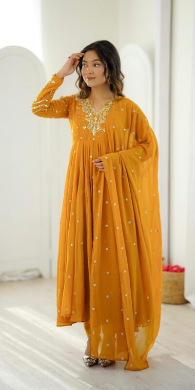 JF 056 Yellow Faux Georgette Salwar Suit with Mirror Work & Embroidery Work. Get it for ₹2349. Delivery 4-6 Working Days. Shop now. | Jump Suits, Straight Suits, Casual Suits, Creative suits, Designer Suits, Palazzo Suits, Party Wear Suits, Patiala Suits, Salwar suit
