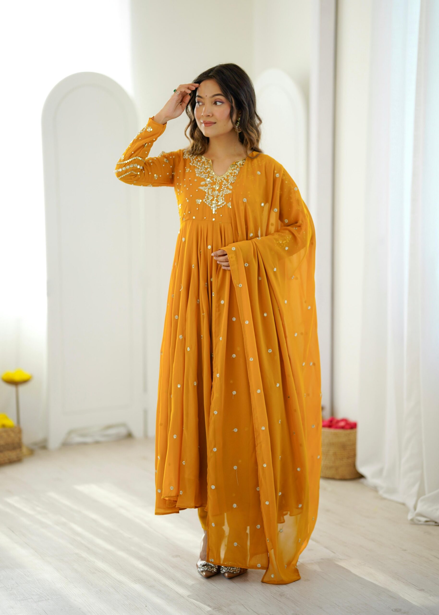 JF 056 Yellow Faux Georgette Salwar Suit with Mirror Work & Embroidery Work. Get it for ₹2349. Delivery 4-6 Working Days. Shop now. | Jump Suits, Straight Suits, Casual Suits, Creative suits, Designer Suits, Palazzo Suits, Party Wear Suits, Patiala Suits, Salwar suit