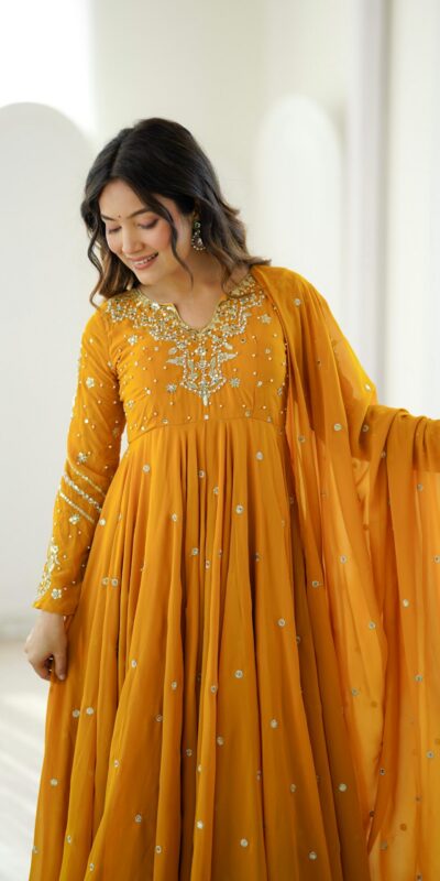 JF 056 Yellow Faux Georgette Salwar Suit with Mirror Work & Embroidery Work. Get it for ₹2349. Delivery 4-6 Working Days. Shop now. | Jump Suits, Straight Suits, Casual Suits, Creative suits, Designer Suits, Palazzo Suits, Party Wear Suits, Patiala Suits, Salwar suit
