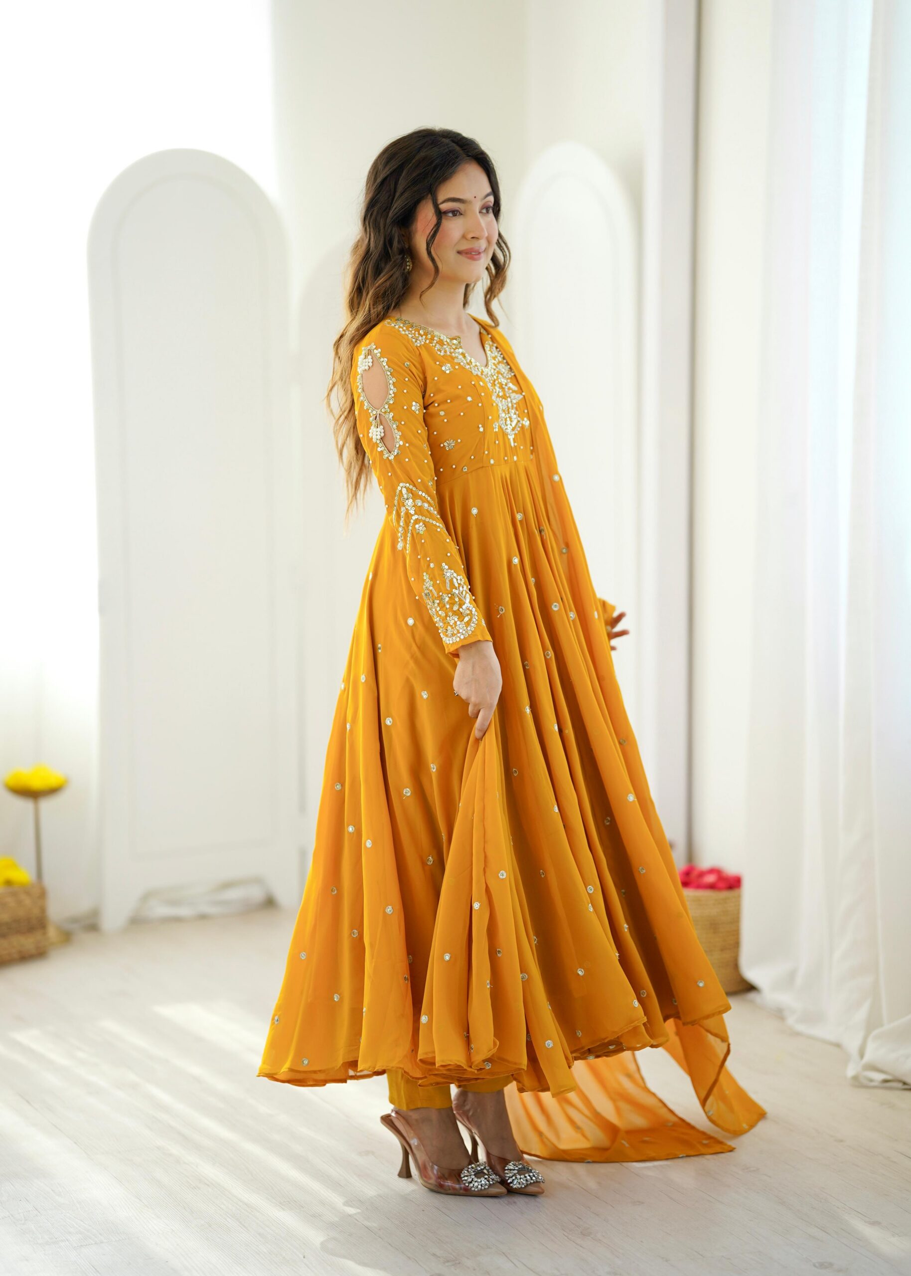 JF 056 Yellow Faux Georgette Salwar Suit with Mirror Work & Embroidery Work. Get it for ₹2349. Delivery 4-6 Working Days. Shop now. | Jump Suits, Straight Suits, Casual Suits, Creative suits, Designer Suits, Palazzo Suits, Party Wear Suits, Patiala Suits, Salwar suit
