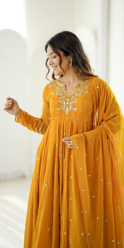 JF 056 Yellow Faux Georgette Salwar Suit with Mirror Work & Embroidery Work. Get it for ₹2349. Delivery 4-6 Working Days. Shop now. | Jump Suits, Straight Suits, Casual Suits, Creative suits, Designer Suits, Palazzo Suits, Party Wear Suits, Patiala Suits, Salwar suit