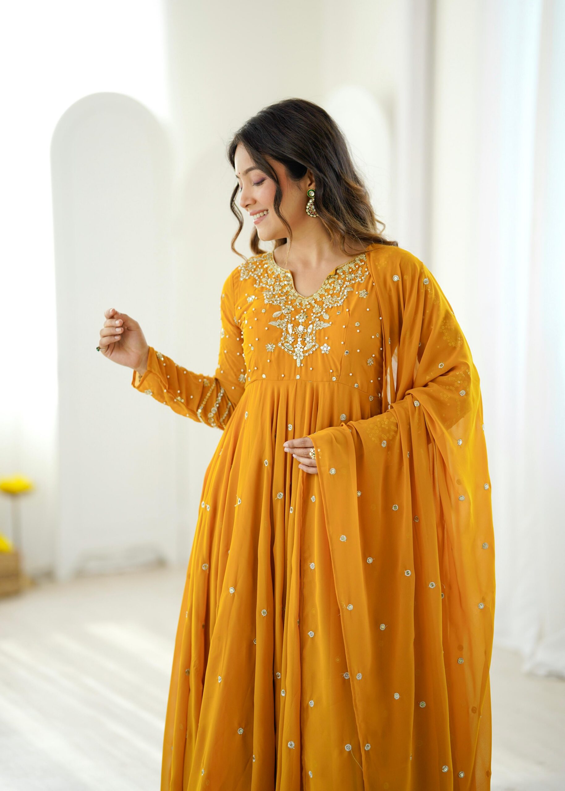 JF 056 Yellow Faux Georgette Salwar Suit with Mirror Work & Embroidery Work. Get it for ₹2349. Delivery 4-6 Working Days. Shop now. | Jump Suits, Straight Suits, Casual Suits, Creative suits, Designer Suits, Palazzo Suits, Party Wear Suits, Patiala Suits, Salwar suit
