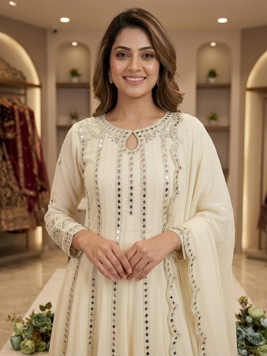 LG 2138 Cream Georgette Gown Perfect for Wedding, Party, Raksha Bandhan, Temple Visit, Onam – . Get it for ₹2899. Delivery 4-6 Working Days. Shop now | Bollywood Gowns, Creative Gowns, Designer Gowns, Embroidered Gowns, Gowns, Party Wear Gowns