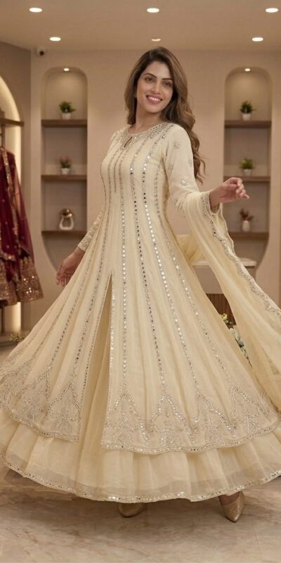 LG 2138 Cream Georgette Gown Perfect for Wedding, Party, Raksha Bandhan, Temple Visit, Onam – . Get it for ₹2899. Delivery 4-6 Working Days. Shop now | Bollywood Gowns, Creative Gowns, Designer Gowns, Embroidered Gowns, Gowns, Party Wear Gowns