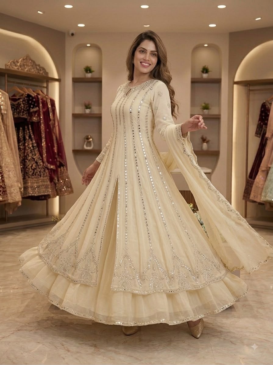 LG 2138 Cream Georgette Gown Perfect for Wedding, Party, Raksha Bandhan, Temple Visit, Onam – . Get it for ₹2899. Delivery 4-6 Working Days. Shop now | Bollywood Gowns, Creative Gowns, Designer Gowns, Embroidered Gowns, Gowns, Party Wear Gowns
