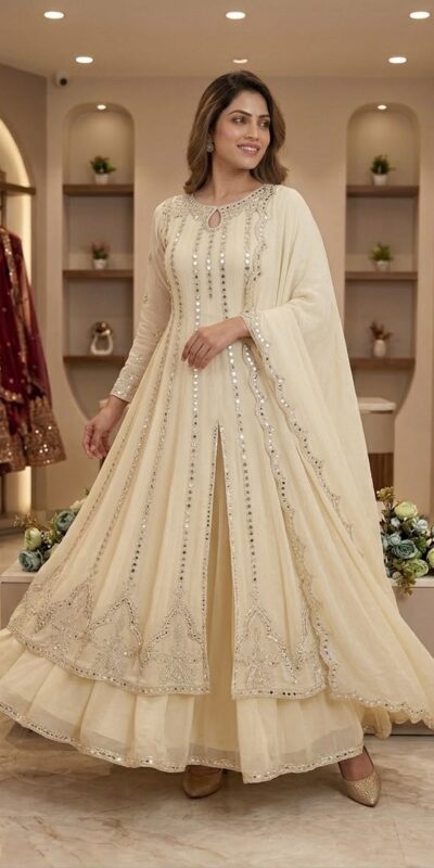 LG 2138 Cream Georgette Gown Perfect for Wedding, Party, Raksha Bandhan, Temple Visit, Onam – . Get it for ₹2899. Delivery 4-6 Working Days. Shop now | Bollywood Gowns, Creative Gowns, Designer Gowns, Embroidered Gowns, Gowns, Party Wear Gowns