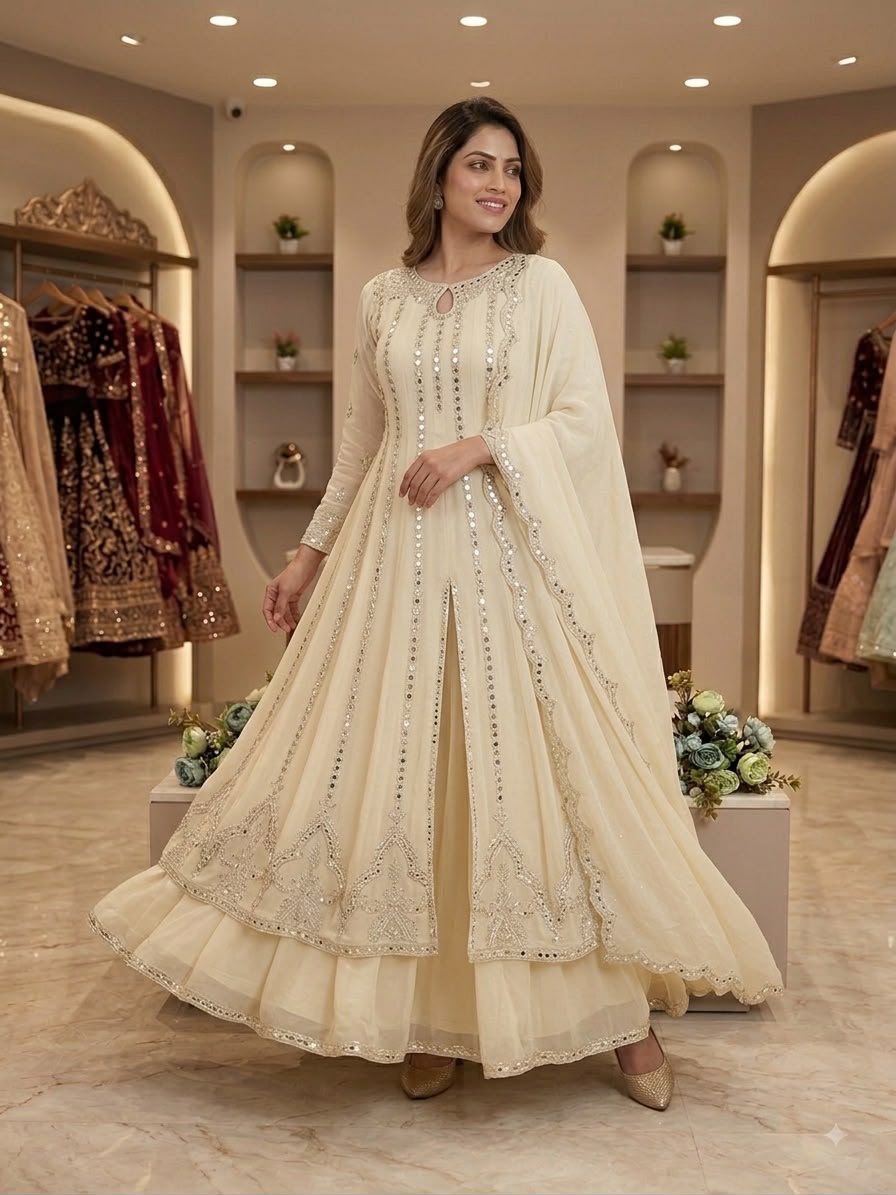LG 2138 Cream Georgette Gown Perfect for Wedding, Party, Raksha Bandhan, Temple Visit, Onam – . Get it for ₹2899. Delivery 4-6 Working Days. Shop now | Bollywood Gowns, Creative Gowns, Designer Gowns, Embroidered Gowns, Gowns, Party Wear Gowns