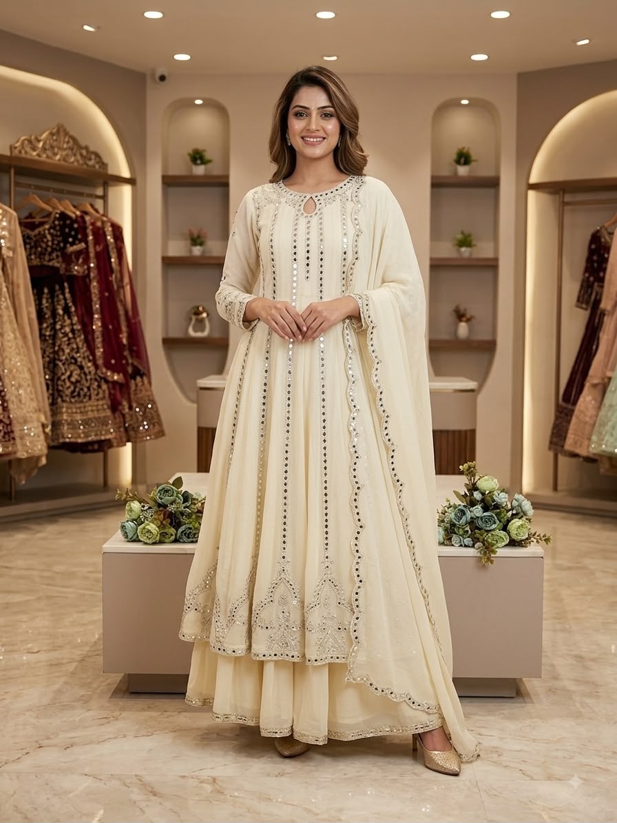 LG 2138 Cream Georgette Gown Perfect for Wedding, Party, Raksha Bandhan, Temple Visit, Onam – . Get it for ₹2899. Delivery 4-6 Working Days. Shop now | Bollywood Gowns, Creative Gowns, Designer Gowns, Embroidered Gowns, Gowns, Party Wear Gowns