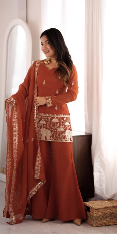 KB 311 Rust Crunchy Silk Salwar Suit with Embroidery Work & Sequins Work. Exclusive Offer ₹2049. Delivery 4-6 Working Days. Shop now. | Jump Suits, Straight Suits, Casual Suits, Creative suits, Designer Suits, Palazzo Suits, Party Wear Suits, Patiala Suits, Salwar suit