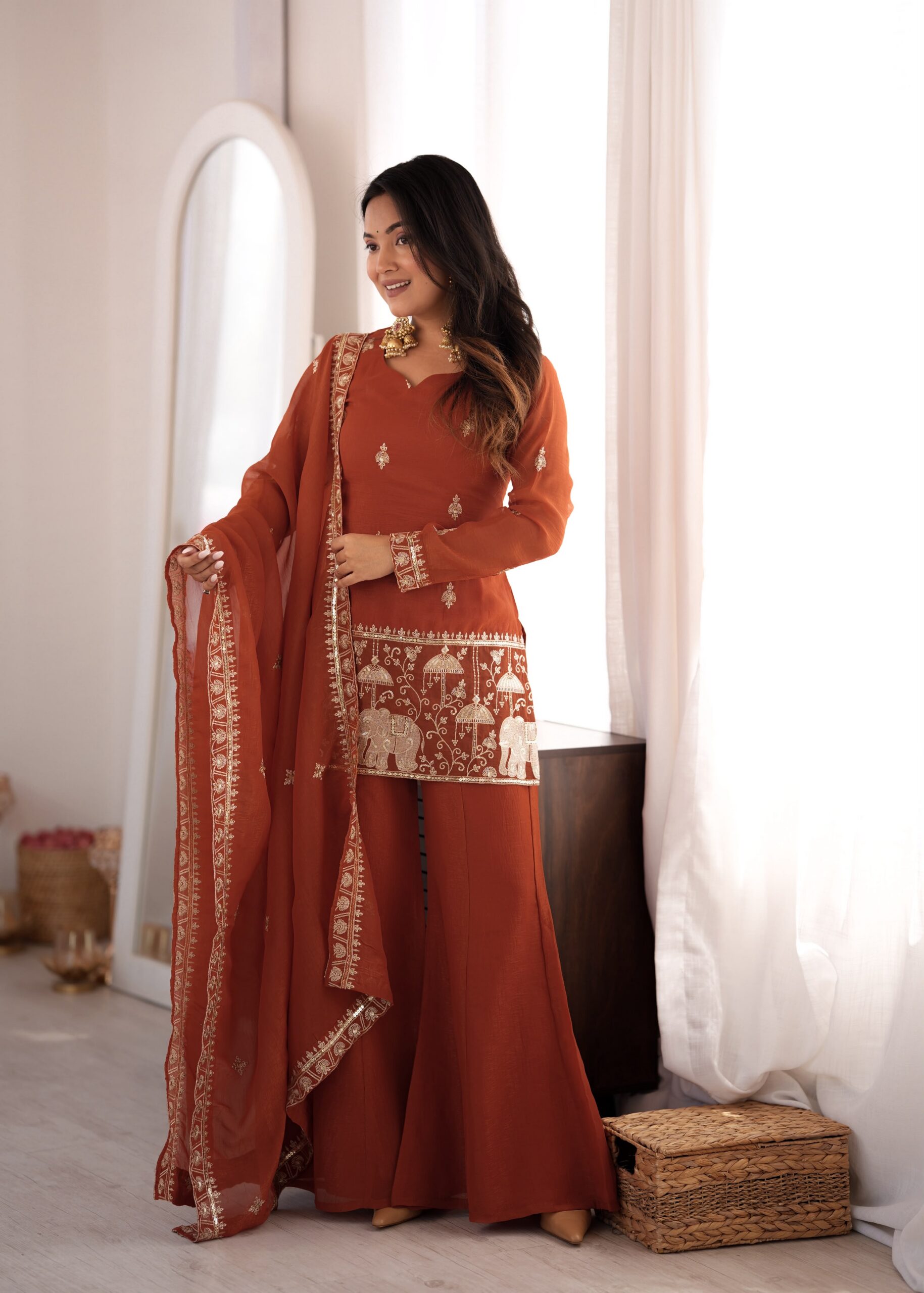 KB 311 Rust Crunchy Silk Salwar Suit with Embroidery Work & Sequins Work. Exclusive Offer ₹2049. Delivery 4-6 Working Days. Shop now. | Jump Suits, Straight Suits, Casual Suits, Creative suits, Designer Suits, Palazzo Suits, Party Wear Suits, Patiala Suits, Salwar suit
