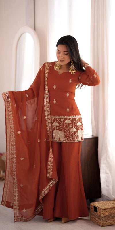 KB 311 Rust Crunchy Silk Salwar Suit with Embroidery Work & Sequins Work. Exclusive Offer ₹2049. Delivery 4-6 Working Days. Shop now. | Jump Suits, Straight Suits, Casual Suits, Creative suits, Designer Suits, Palazzo Suits, Party Wear Suits, Patiala Suits, Salwar suit