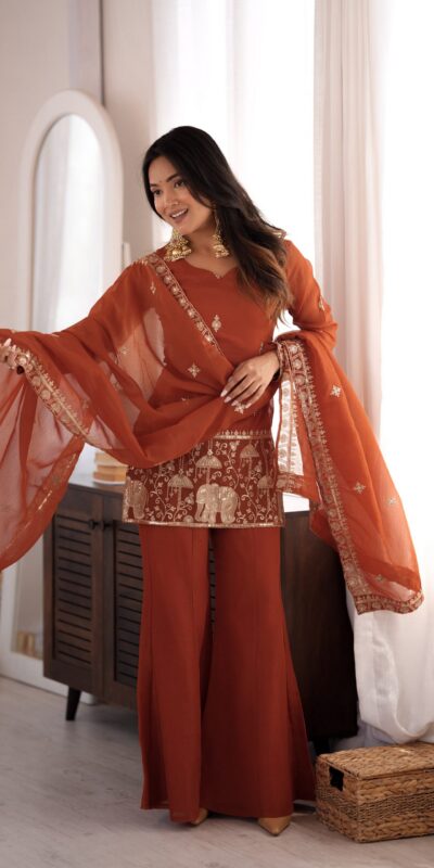 KB 311 Rust Crunchy Silk Salwar Suit with Embroidery Work & Sequins Work. Exclusive Offer ₹2049. Delivery 4-6 Working Days. Shop now. | Jump Suits, Straight Suits, Casual Suits, Creative suits, Designer Suits, Palazzo Suits, Party Wear Suits, Patiala Suits, Salwar suit